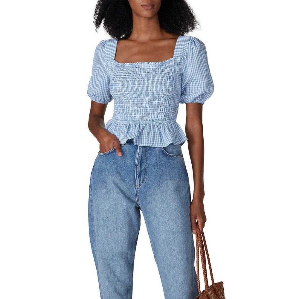 Louna Gingham Check Smocked Top Women Small Blue Cottage Fairy Babydoll Peasant